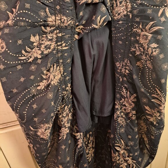 Free People Golden Hour Smocked Puff Sleeve Navy Boho Maxi Dress Sz Lg - Picture 9 of 16